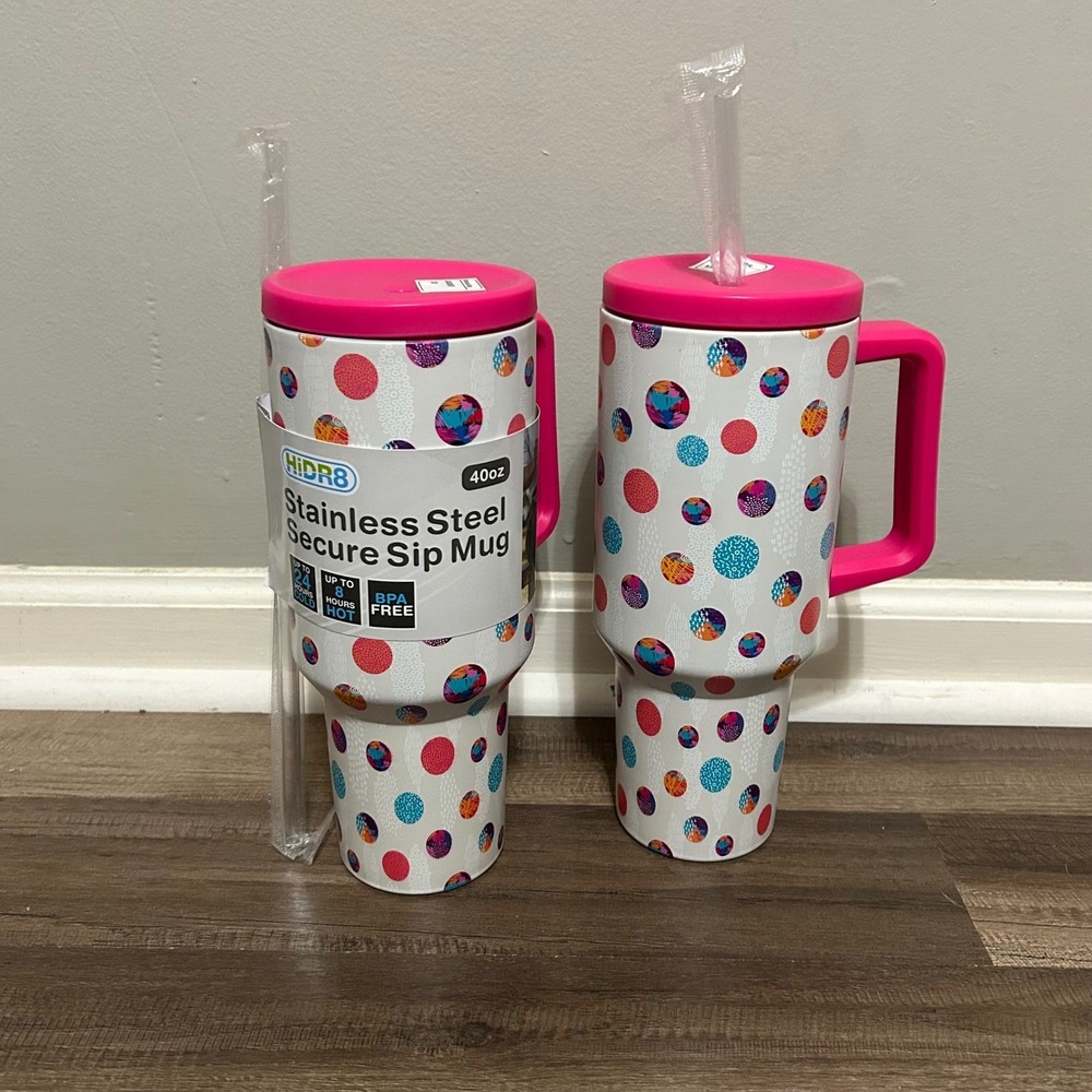 HIDR8 40oz Stainless Steel Secure Sip Mug Tumbler Set Hot Cold Pink Handle Straw